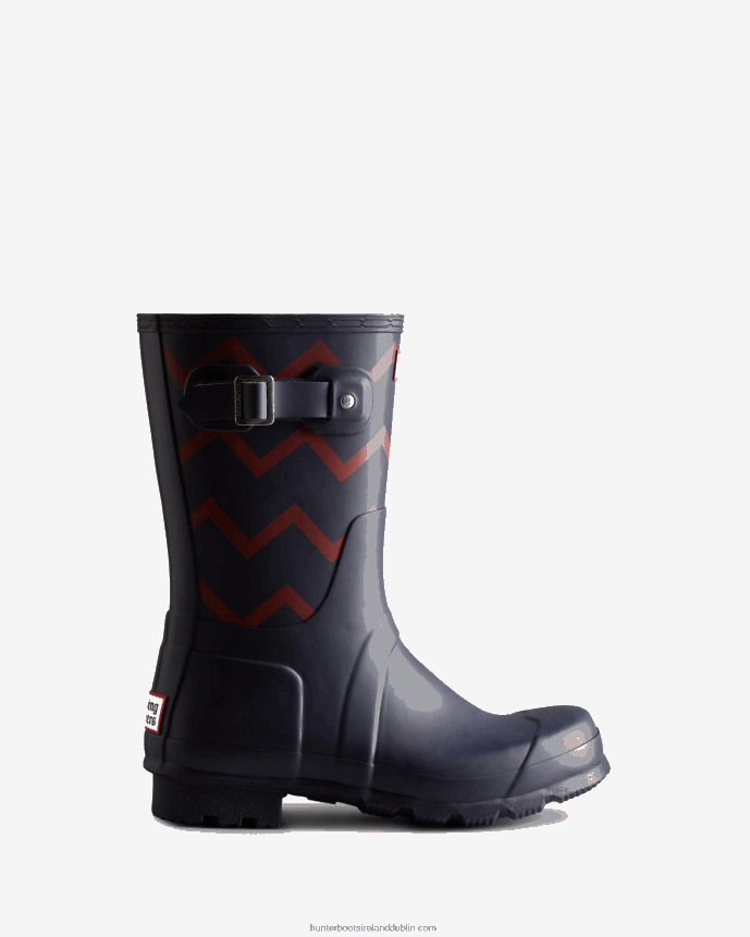 Men Hunter Rowing Blazers Zig Zag Short Rain Boots Evening Blue/Sundried Red 68TN2X542