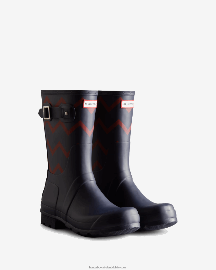 Men Hunter Rowing Blazers Zig Zag Short Rain Boots Evening Blue/Sundried Red 68TN2X542