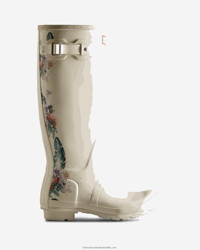 Women Hunter Botanical Print Tall Rain Boots Shaded White 68TN2X73