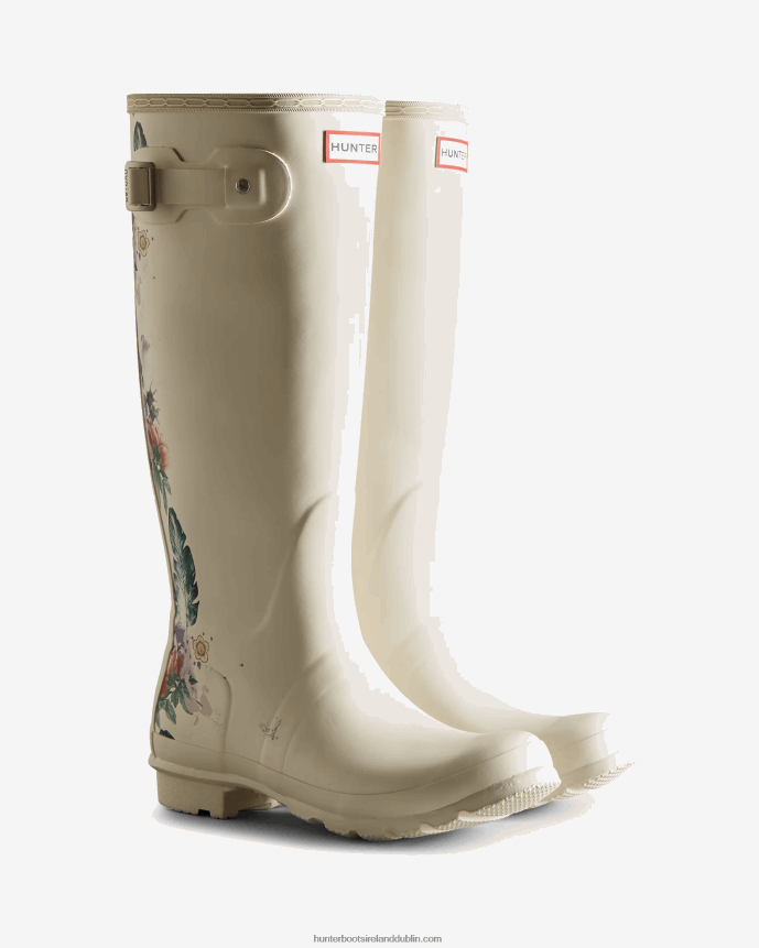 Women Hunter Botanical Print Tall Rain Boots Shaded White 68TN2X73