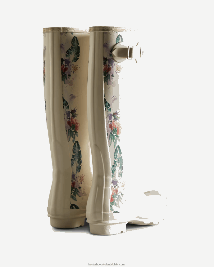 Women Hunter Botanical Print Tall Rain Boots Shaded White 68TN2X73