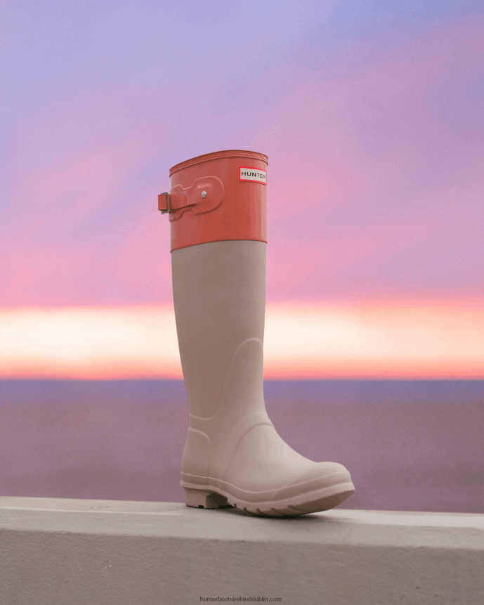 Women Hunter Colour Block Tall Rain Boots Skimming Stone/Coral Shade 68TN2X72