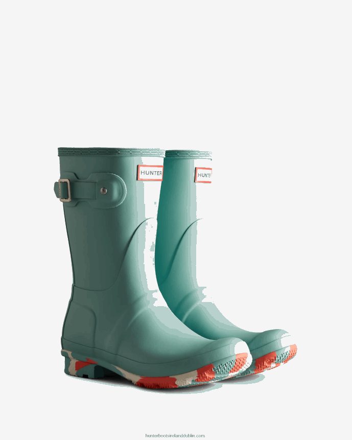 Women Hunter Colour Splash Sole Short Rain Boots Birdseye Blue/White Willow/Persimmon Pink 68TN2X132