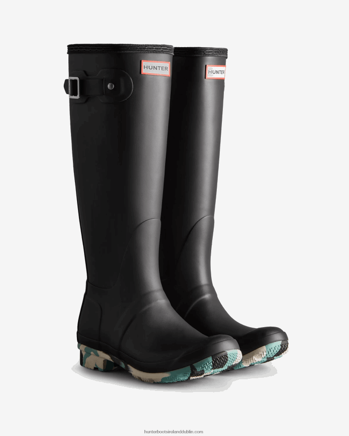 Women Hunter Colour Splash Sole Tall Rain Boots Black/White Willow/Birseye Blue 68TN2X134