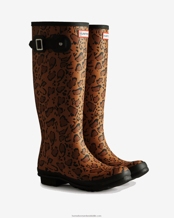 Women Hunter Leopard Print Tall Rain Boots Rich Tan/Saddle/Black 68TN2X168