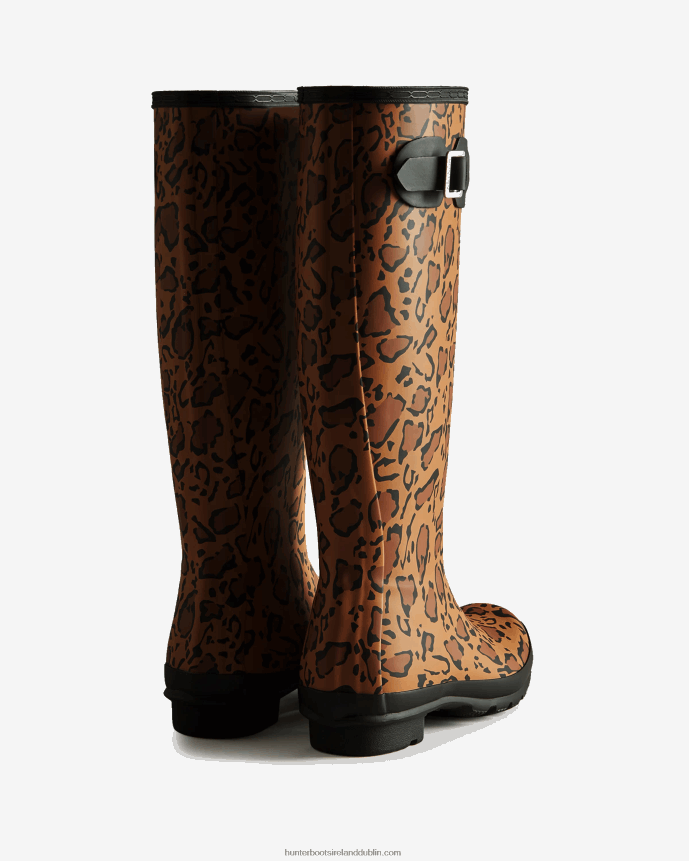 Women Hunter Leopard Print Tall Rain Boots Rich Tan/Saddle/Black 68TN2X168