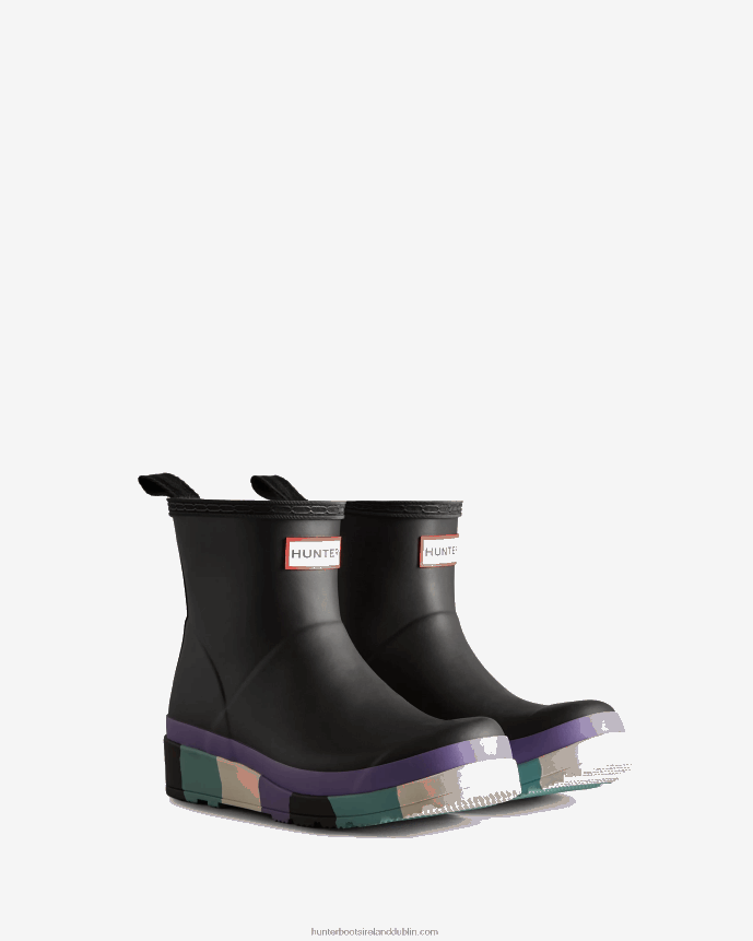 Women Hunter PLAY Short Striped Sole Rain Boots Black/Iridescent Purple/Birdseye Blue/White Willow 68TN2X129