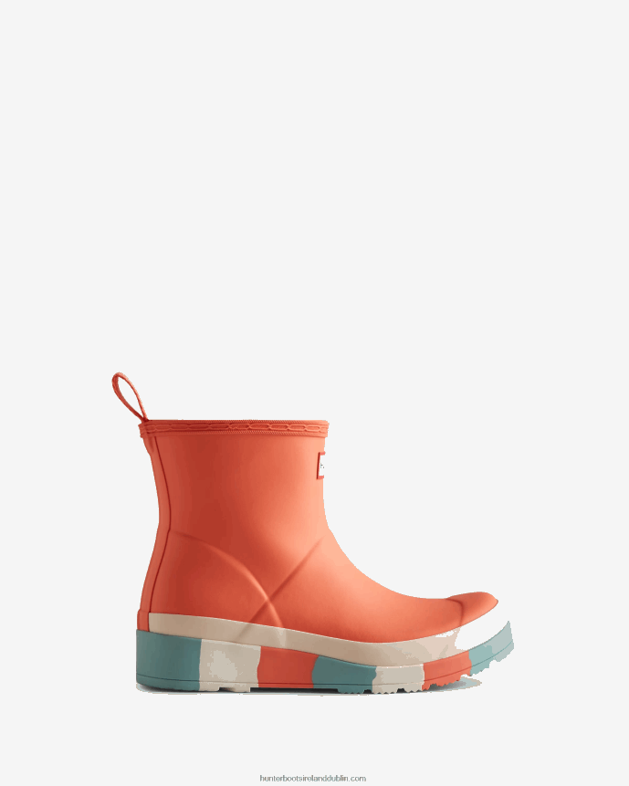 Women Hunter PLAY Short Striped Sole Rain Boots Persimmon Pink/White Willow/Birdseye Blue 68TN2X183