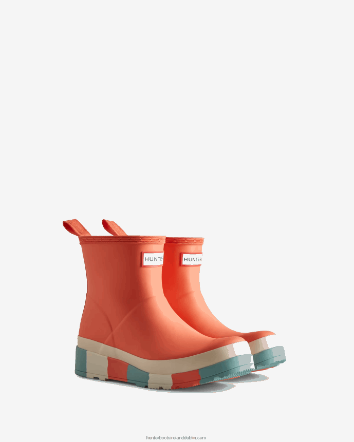 Women Hunter PLAY Short Striped Sole Rain Boots Persimmon Pink/White Willow/Birdseye Blue 68TN2X183