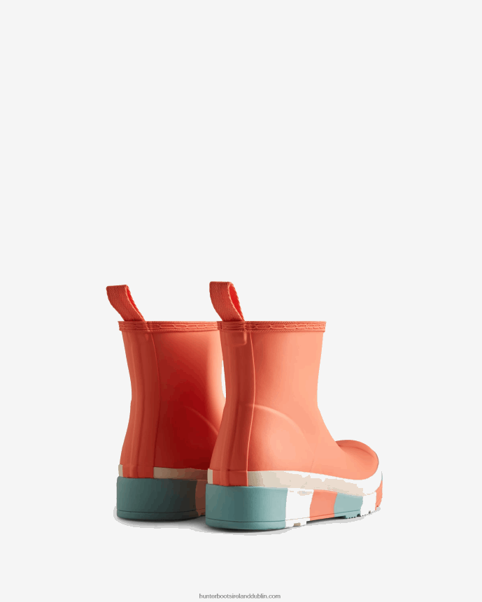 Women Hunter PLAY Short Striped Sole Rain Boots Persimmon Pink/White Willow/Birdseye Blue 68TN2X183