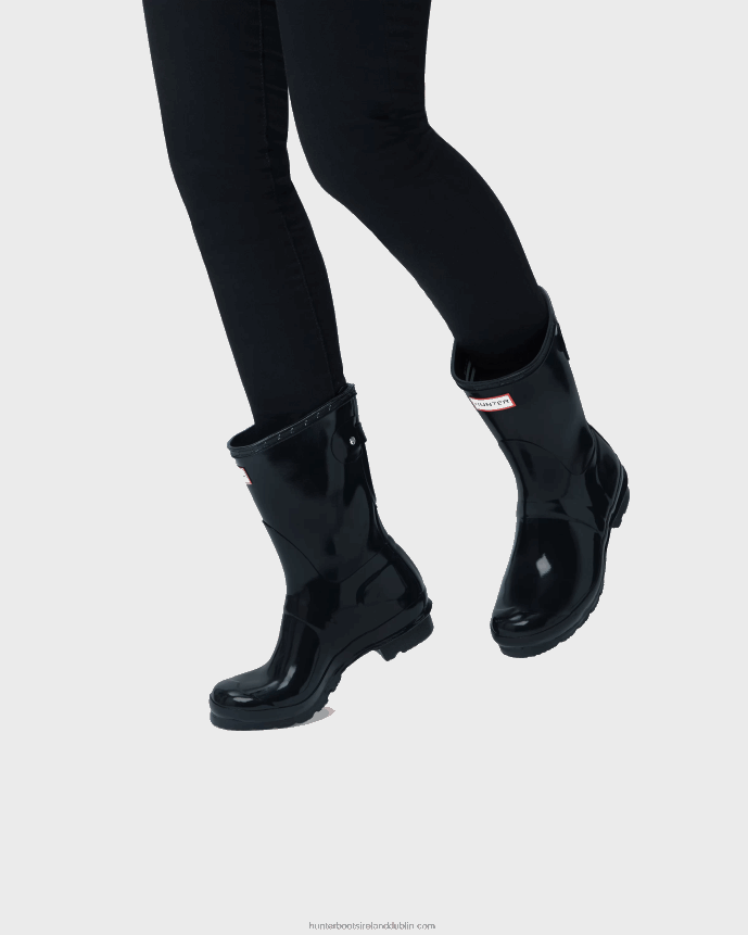 Women Hunter Short Back Adjustable Gloss Rain Boots Black 68TN2X22