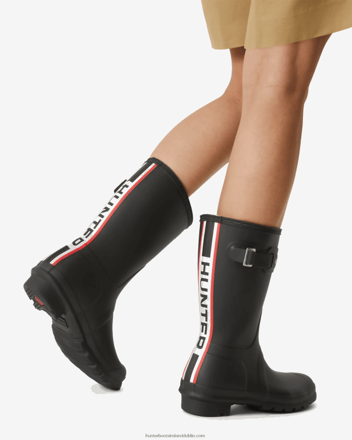 Women Hunter Tri-Colour Logo Backstrap Short Rain Boots Black 68TN2X50