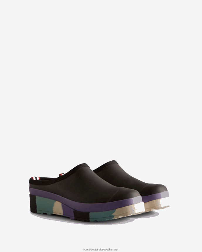 Women Hunter PLAY Striped Sole Clogs Black/Iridescent Purple/Birdseye Blue/White Willow 68TN2X249